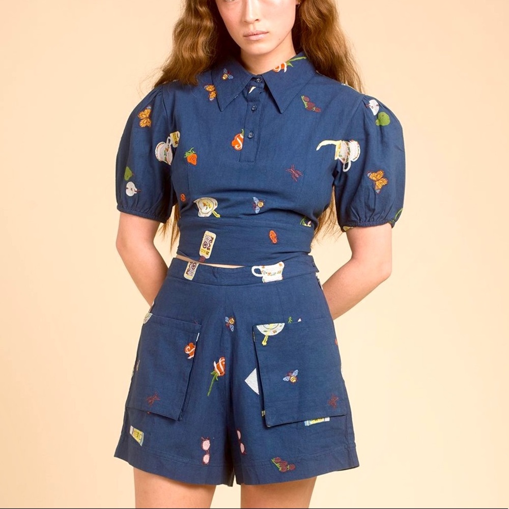 SAMANTHA PLEET Sun Shorts and Puffy Shoulder Top Set in Indigo Blue Sz Small / 2